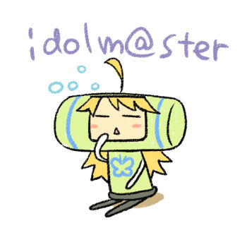 1girl ahoge blonde_hair blush_stickers chan_co closed_eyes copyright_name full_body hoshii_miki idolmaster idolmaster_(classic) katamari_damacy long_hair namco parody simple_background sitting solo triangle_mouth white_background