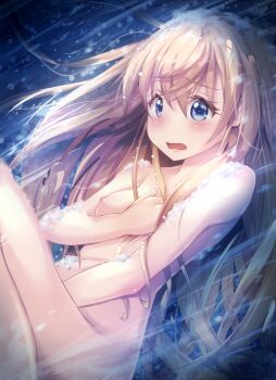 1girl blonde_hair blue_eyes blush breasts commentary_request completely_nude embarrassed gc3 goblin_slayer! hair_between_eyes hair_spread_out highres knee_up long_hair lying nude on_back open_mouth priestess_(goblin_slayer!) small_breasts soap_bubbles solo uncensored very_long_hair water