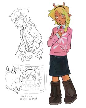 1girl 1other absurdres alternate_costume black_boots black_skirt blonde_hair boots braid collared_shirt commentary computer crying deer_girl deltarune english_commentary furry furry_female goomyloid hair_over_shoulder hand_on_own_chest highres kris_(deltarune) long_hair long_sleeves necktie noelle_holiday pink_sweater red_necktie shirt single_braid skirt smile sweater utdr_(toby_fox) watch white_shirt wristwatch