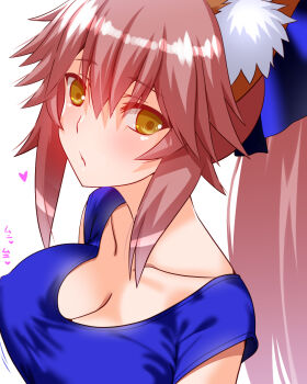 1girl animal_ear_fluff animal_ears blue_bow blue_shirt bow breasts cleavage collarbone commentary_request engo_(aquawatery) fate_(series) fox_ears fox_girl hair_between_eyes hair_bow heart highres large_breasts long_hair looking_at_viewer pink_hair ponytail shirt solo tamamo_no_mae_(fate) translation_request yellow_eyes