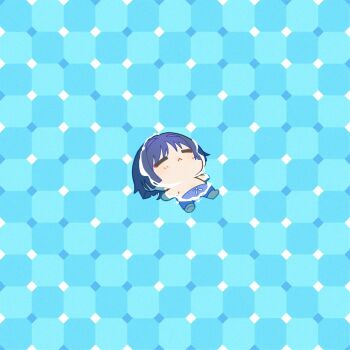 1boy :&lt; afloat alternate_costume barefoot blue_swim_trunks blunt_ends chibi closed_eyes closed_mouth commentary contemporary drawstring eyeliner eyeshadow genshin_impact grid_background hair_intakes highres light_blush lying makeup male_focus miaoyeza233 on_back on_liquid outstretched_arms purple_hair red_eyeliner red_eyeshadow scaramouche_(genshin_impact) solo spread_arms symbol-only_commentary topless_male wispy_bangs