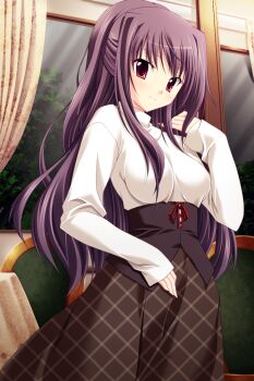 1girl arm_up black_skirt breasts chair choco_chip game_cg highres indoors long_hair long_sleeves looking_at_viewer medium_breasts prima_stella purple_hair red_eyes shirt skirt smile solo table takasu_miyabi white_shirt window