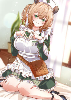 1girl absurdres animal_ears ankle_strap apron blurry blurry_background breasts brown_bag brown_hair closed_mouth commentary cross cross_print curtains cyanzan dress dutch_angle four-finger_heart_hands frilled_apron frilled_skirt frills full_body green_dress green_eyes hair_between_eyes hair_intakes hair_ribbon hands_up hat heart heart_hands high_heels highres id_card indie_virtual_youtuber indoors lace lace-trimmed_ribbon lace_trim large_breasts nimi_nightmare nurse_cap on_bed one_side_up pillow plant potted_plant ribbon seiza short_hair sitting skirt smile solo tapir_ears tapir_girl waist_bag white_apron white_ribbon window