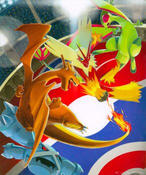 Rule 34 | 00s, arita mitsuhiro, blaziken, blue eyes, charizard, clenched hands, dragon, fangs, fighting, fire, flygon, flying, full body, gen 1 pokemon, gen 3 pokemon, jumping, looking at another, metagross, nintendo, official art, open mouth, poke ball symbol, pokemon, pokemon (creature), pokemon focus, pokemon tcg, red eyes, serious, stadium, tail, wings