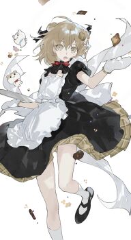 1girl absurdres ahoge apron bad_source black_dress bow brown_hair dress highres holding long_hair looking_at_viewer maid maid_headdress open_mouth puffy_short_sleeves puffy_sleeves shoes short_sleeves solo tray white_apron white_background yezaoshu