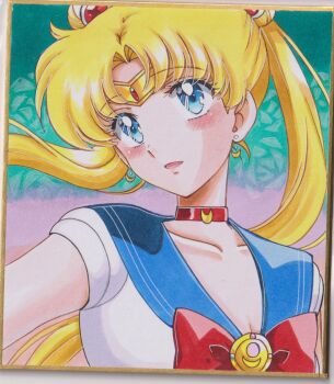 1girl bishoujo_senshi_sailor_moon blonde_hair blue_background blue_bow blue_bowtie blue_eyes blue_sailor_collar blush bow bowtie chikoto_(kztc4472) choker circlet closed_mouth collarbone commentary double_bun earrings elbow_gloves gloves hair_bun hand_up highres jewelry long_hair looking_at_viewer parted_bangs red_choker sailor_collar sailor_moon sailor_senshi_uniform shirt short_sleeves smile solo traditional_media tsukino_usagi upper_body white_gloves white_shirt