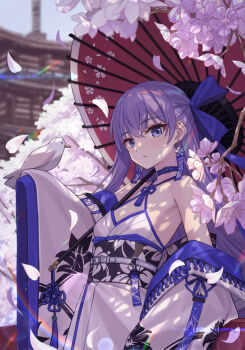 1girl bare_shoulders belt blue_eyes blush breasts camisole cherry_blossoms choker commentary_request criss-cross_halter earrings fate/grand_order fate_(series) flower halterneck hoodier jacket jewelry long_hair long_sleeves looking_at_viewer meltryllis_(fate) off_shoulder purple_hair sash skirt small_breasts solo tree very_long_hair white_camisole white_jacket white_skirt wide_sleeves zipper