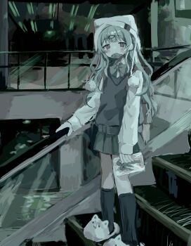 1girl animal_ear_headwear animal_slippers beanie black_socks bow bowtie collared_shirt escalator fake_animal_ears fish fish_hair_ornament fish_in_mouth full_body green_skirt hair_ornament hairclip hand_on_railing hat highres holding indoors kneehighs long_hair long_sleeves looking_at_viewer miniskirt muted_color on_stairs original pleated_skirt pom_pom_(clothes) pom_pom_beanie railing shirt skirt slippers socks solo stairs standing sweater_vest white_hat white_shirt yukitomo_(motcha111)