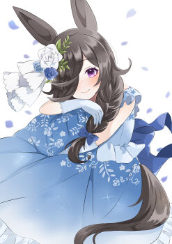1girl absurdres animal_ears black_hair blue_bow blue_dress blue_gloves blurry blurry_background blush bow braid braided_ponytail coco_(coco_rr) dress falling_petals feet_out_of_frame flower frilled_dress frills gloves hair_bow hair_flower hair_ornament hair_over_one_eye hand_on_own_chin highres horse_ears horse_girl horse_tail light_beam looking_at_viewer petals purple_eyes rice_shower_(umamusume) side_ponytail simple_background sitting sleeveless sleeveless_dress smile solo swept_bangs tail umamusume wedding wedding_dress white_background