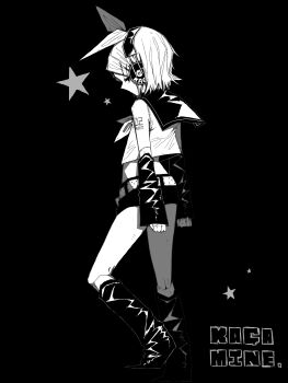 Rule 34 | 1girl, akaname (akaname 404), black background, boots, bow, character name, commentary request, cropped shirt, from behind, full body, greyscale, hair bow, headphones, highres, kagamine rin, looking back, midriff, monochrome, neckerchief, no mouth, shirt, short shorts, shorts, solo, standing, star (symbol), vocaloid