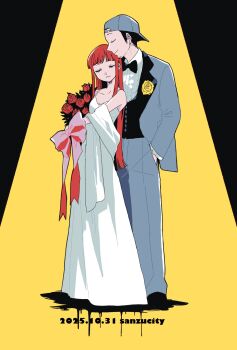 Rule 34 | 1boy, 1girl, alternate costume, artist name, backwards hat, bare shoulders, baseball cap, black bow, black bowtie, black hair, black shoes, blue hat, blue jacket, blue pants, blunt bangs, bouquet, bow, bowtie, breasts, buzz cut, city sanzu, cleavage, closed eyes, closed mouth, commentary, dated, dress, flower, full body, hand in pocket, hat, height difference, hetero, highres, hime cut, holding, holding bouquet, husband and wife, iori junpei, jacket, long dress, long hair, pants, persona, persona 3, red bow, red flower, red hair, shawl, shirt, shoes, short hair, sidelocks, sleeveless, sleeveless dress, small breasts, smile, spaghetti strap, spotlight, standing, symbol-only commentary, very short hair, wedding dress, white dress, white shawl, white shirt, yoshino chidori