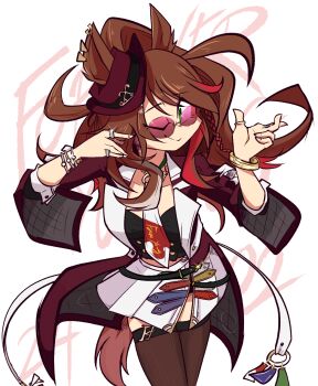 1girl animal_ears aviator_sunglasses belt birthday black_belt braid brown_hair brown_thighhighs chain_necktie choker closed_mouth coat commentary_request crop_top emeruga english_text fedora forever_young_(racing)_(umamusume) forever_young_(umamusume) green_eyes happy_birthday hat highres horse_ears horse_girl horse_tail horseshoe_ornament jacket jewelry long_hair looking_at_viewer midriff multicolored_hair necktie one_eye_closed open_clothes open_jacket ponytail purple-tinted_eyewear purple_jacket red_jacket simple_background skirt solo streaked_hair sunglasses tail text_background thighhighs tinted_eyewear umamusume white_background white_skirt zettai_ryouiki
