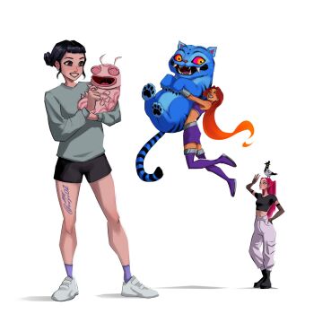 3girls ^_^ animal animal_on_head avyc02 bird bird_on_head black_hair black_shorts boots closed_eyes commentary dc_comics derpy_(kpop_demon_hunters) double_bun floating gat_(hat) hair_bun hand_on_own_hip hat highres holding holding_animal hug kpop_demon_hunters long_hair mira_(kpop_demon_hunters) multiple_girls on_head orange_hair pants pink_hair purple_boots purple_skirt shorts sidelocks silkie_(dc) simple_background skirt smile starfire sussie_(kpop_demon_hunters) sweater teen_titans tiger twitter_username white_background zoey_(kpop_demon_hunters)