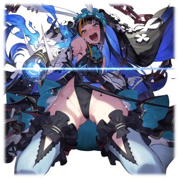 1girl aiming aiming_at_viewer alpha_transparency animal_ears artist_request black_hair black_leotard blue_eyes blue_fire blue_hair chunithm earrings fire frills grin gun holding holding_gun holding_weapon jewelry kneeling leotard long_hair looking_at_viewer mika_dominance_iii multicolored_hair open_mouth rabbit_ears saliva smile spread_legs teeth thighhighs two-tone_hair weapon
