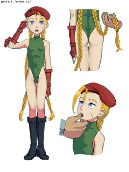 1boy 1girl absurdres aged_down antenna_hair ass beret black_footwear boots braid breasts cammy_white disembodied_hand facial_scar finger_to_another's_mouth fingerless_gauntlets full_body gauntlets gnsisir green_leotard hat high_heel_boots high_heels highleg highleg_leotard highres leotard loli m._bison open_mouth purple_eyes red_headwear salute scar scar_on_cheek scar_on_face sleeveless small_breasts solo_focus standing street_fighter transparent_background twin_braids watermark web_address