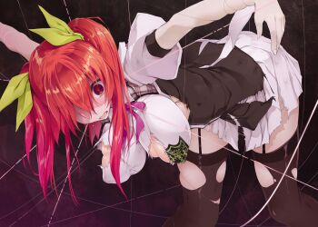 1girl black_garter_belt black_garter_straps black_socks black_thighhighs black_vest bow breasts collared_shirt colorized female_focus garter_belt garter_straps hair_bow hair_ribbon highres huge_breasts imminent_anal imminent_death imminent_fellatio imminent_gangbang imminent_kiss imminent_paizuri imminent_penetration imminent_rape imminent_vaginal large_breasts long_hair miniskirt no_bra novel_illustration official_art open_mouth pleated_skirt puppet puppet_strings rakudai_kishi_no_cavalry red_eyes red_hair ribbon school_uniform sexually_suggestive shirt short_sleeves skirt socks solo solo_focus stella_vermillion string thighhighs tongue torn_clothes torn_thighhighs torn_vest twintails vest white_shirt white_skirt white_string won_(az_hybrid) yellow_bow yellow_ribbon zettai_ryouiki