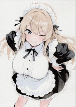 1girl absurdres apron ayane_(ayaneiroaya) bare_legs black_dress black_ribbon blonde_hair blouse blue_eyes blush bow breasts closed_mouth collar collared_shirt commentary_request dress feet_out_of_frame frilled_collar frills from_above hair_between_eyes hair_bow hair_ribbon hand_on_own_hip headband highres large_breasts leaning long_hair long_sleeves looking_at_viewer looking_up maid neck_ribbon one_eye_closed original painting_(medium) parted_bangs ribbon shirt sidelocks simple_background smile solo standing traditional_media watercolor_(medium) white_apron white_background