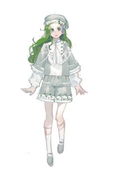 1girl chinese_commentary commentary_request commission full_body green_eyes grey_hair grey_hat grey_jacket grey_shoes grey_shorts hat highres jacket layered_sleeves legwear_garter long_hair open_clothes open_jacket open_mouth original shirt shoes shorts simple_background socks solo vihua6 white_background white_shirt white_socks