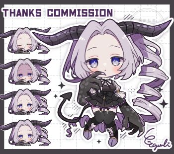 1girl :d :o bibi-chama black_boots black_border black_dress blue_eyes blush boots border bright_pupils chibi chibi_only claws closed_eyes closed_mouth commentary commission demon_girl demon_horns demon_tail dress drop_shadow egissi forehead full_body grid_background highres horns iriam lace-up_boots long_hair looking_at_viewer multiple_views open_mouth outline outside_border purple_hair short_sleeves side_ponytail signature skeb_commission smile sweat tail virtual_youtuber white_background white_outline white_pupils