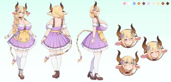 1girl animal_ears apron bell blonde_hair blue_eyes braid braided_ponytail breasts character_request copyright_request cow_ears cow_girl cow_horns cow_tail cowbell dirndl ear_tag expression_chart flower german_clothes hair_flower hair_ornament hair_over_shoulder highres horns huge_breasts indie_virtual_youtuber multiple_views reference_sheet tail thighhighs virtual_youtuber waist_apron