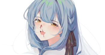 1girl bang_dream! bang_dream!_it's_mygo!!!!! black_ribbon blood blue_hair blush commentary hair_ribbon highres kebohan long_hair looking_at_viewer nosebleed open_mouth ribbon simple_background solo togawa_sakiko white_background yellow_eyes