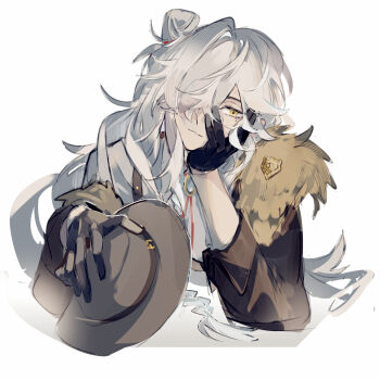 1boy black_gloves fur_trim gloves hair_over_one_eye hat highres holding holding_unworn_clothes holding_unworn_hat honkai:_star_rail honkai_(series) jing_yuan long_hair male_focus mississipping official_alternate_costume simple_background smile solo unworn_hat unworn_headwear upper_body white_background white_hair yellow_eyes