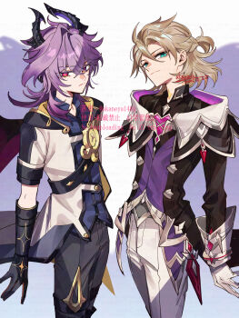 2boys albedo_(genshin_impact) albedo_(genshin_impact)_(cosplay) aqua_eyes artist_name belt black_belt black_gloves black_horns black_jacket black_shirt black_shorts blonde_hair blue_shirt braid bright_pupils closed_mouth coat colored_eyelashes cosplay costume_switch cowboy_shot crossed_bangs dated dragon_boy dragon_horns dragon_wings elbow_gloves frown genshin_impact gloves gold_trim hair_between_eyes half_up_half_down_braid highres hood hood_down hooded_coat horns jacket long_sleeves looking_at_viewer male_focus medium_hair mini_durin_(genshin_impact) mini_durin_(genshin_impact)_(cosplay) mini_durin_(human)_(genshin_impact) multiple_boys ojo_aa open_clothes open_coat open_jacket pants parted_bangs purple_hair purple_shirt red_eyes serious shadow shirt short_hair short_sleeves shorts signature simple_background single_hair_intake sleeve_cuffs standing twitter_username watermark white_background white_coat white_gloves white_pants white_pupils wings