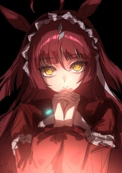 Rule 34 | 1girl, ahoge, animal ears, blunt bangs, blunt ends, blunt sidelocks, brown headdress, closed mouth, dress, frilled hairband, frills, gul (parfaitgul), hair between eyes, hairband, highres, horse ears, horse girl, long hair, long sleeves, looking at viewer, own hands clasped, own hands together, red desire (umamusume), red dress, red hair, red hairband, red headdress, red veil, sidelocks, smile, solo, umamusume, upper body, veil, yellow eyes