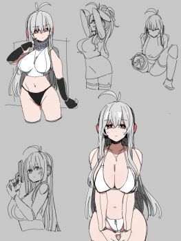 ahoge bikini breasts copyright_request cyborg durindana_7 gun headphones highres holding holding_gun holding_weapon large_breasts midriff simple_background swimsuit tagme thighs weapon white_bikini white_hair wire
