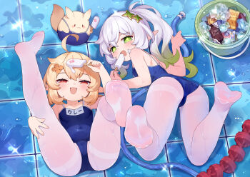 2girls :d ahoge blonde_hair blue_one-piece_swimsuit blush breasts cameltoe commentary_request competition_school_swimsuit covered_navel cross-shaped_pupils female_focus food full_body genshin_impact gradient_hair green_eyes green_hair hair_ornament highres holding holding_food holding_ice_cream ice_cream klee_(genshin_impact) legs_up loli long_hair looking_at_viewer lying multicolored_hair multiple_girls nahida_(genshin_impact) name_tag no_shoes on_back on_stomach one-piece_swimsuit open_mouth pantyhose pantyhose_under_swimsuit pointy_ears red_eyes school_swimsuit short_hair side_ponytail small_breasts smile soles star_(symbol) star_hair_ornament swimsuit symbol-shaped_pupils thighband_pantyhose tsubasa_tsubasa white_hair white_pantyhose