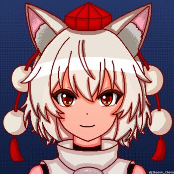 Rule 34 | 1girl, animal ear fluff, animal ears, artist name, blue background, closed mouth, commentary, english commentary, grey hair, hat, inubashiri momiji, looking at viewer, pixel art, portrait, red eyes, red hat, shadow chevy, shirt, short hair, smile, solo, tokin hat, touhou, turtleneck, turtleneck shirt, white shirt, wolf ears, wolf girl
