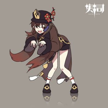 1girl animated animated_gif black_nails black_shorts brown_hair chinese_clothes closed_eyes collared_coat flower genshin_impact ghost_pose hat hat_flower hat_tassel highres hu_tao_(genshin_impact) jewelry long_hair looking_at_viewer multiple_rings open_mouth plum_blossoms porkpie_hat red_eyes ring shorts smile solo sushispin symbol-shaped_pupils twintails