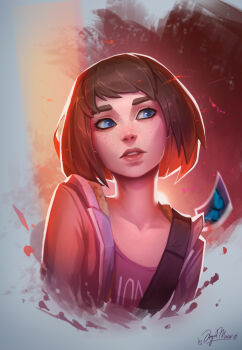 1girl absurdres angelmoonlight belt belt_over_shoulder blue_eyes brown_belt brown_hair collarbone freckles highres jacket life_is_strange_(series) life_is_strange_1 looking_to_the_side max_caulfield open_clothes open_jacket pink_jacket pink_shirt shirt short_hair signature solo upper_body