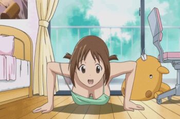 00s 10s 1girl animated animated_gif bouncing_breasts breasts brown_hair cleavage downblouse exercising hinako_(issho_ni_training) issho_ni_training jiggle large_breasts no_bra off_shoulder push-ups strap_slip tank_top training_with_hinako