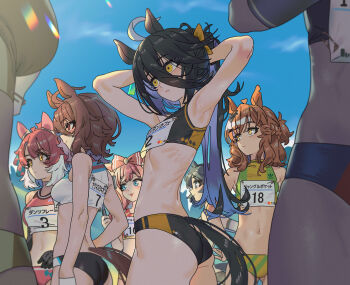 6+girls agnes_digital_(umamusume) agnes_tachyon_(umamusume) alternate_costume armpits bikini black_bikini black_hair blue_bikini blue_eyes blush bow braid breasts brown_eyes brown_hair closed_mouth colored_inner_hair commentary dantsu_flame_(umamusume) eishin_flash_(umamusume) english_commentary flat_chest green_bikini hair_between_eyes hair_bow half_up_braid half_updo highres jungle_pocket_(umamusume) large_breasts long_hair looking_ahead manhattan_cafe_(umamusume) medium_breasts mismatched_bikini multicolored_hair multiple_girls open_mouth pink_bikini pink_bow pink_hair ponytail purple_hair ribs sarcophage short_hair smile sweat swimsuit two-tone_hair umamusume white_bikini yellow_eyes