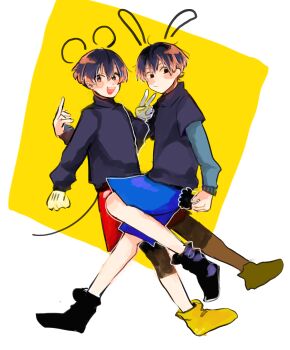 Rule 34 | 2boys, 47music2, animal ears, black hair, epic mickey, highres, humanization, looking at viewer, male focus, mickey mouse, mickey mouse &amp; friends, mouse boy, multiple boys, open mouth, oswald the lucky rabbit, personification, rabbit boy, shirt, short hair, shorts, smile