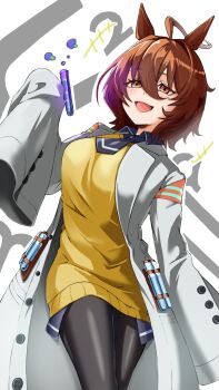 1girl agnes_tachyon_(tach-nology)_(umamusume) agnes_tachyon_(umamusume) ahoge animal_ears black_necktie black_pantyhose breasts brown_hair coat commentary_request cork hair_between_eyes hanyuu08 highres holding holding_test_tube horse_ears horse_girl huge_ahoge jewelry lab_coat long_sleeves medium_breasts medium_hair necktie open_mouth pantyhose red_eyes short_necktie sleeves_past_fingers sleeves_past_wrists smile solo sweater sweater_vest test_tube umamusume white_coat yellow_sweater yellow_sweater_vest