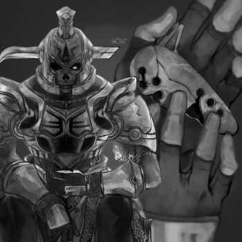 absurdres armor full_armor gloves helmet hero&#039;s_shade highres instrument knight littleaubade monochrome nintendo ocarina one_eye_in_shadow skeleton the_legend_of_zelda the_legend_of_zelda:_twilight_princess undead