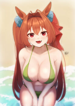 1girl absurdres animal_ear_fluff animal_ears artist_request beach between_legs bikini blurry blurry_background breasts daiwa_scarlet_(umamusume) fang fangs green_bikini hair_between_eyes hand_between_legs highres horse_ears horse_girl large_breasts long_hair looking_at_viewer lower_teeth_only non-web_source orange_hair red_eyes skin_fang skin_fangs skindentation solo swimsuit teeth twintails umamusume very_long_hair