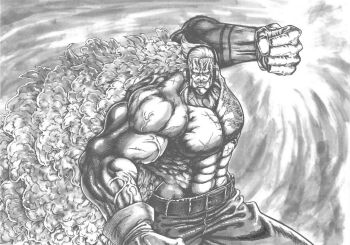 Rule 34 | 1boy, abs, artist request, attack, clenched hand, douglas bullet, facial scar, gloves, grin, hara tetsuo (style), large pectorals, long hair, looking at viewer, manly, monochrome, muscular, one piece, one piece: stampede, pectorals, punching, scar, scar on cheek, scar on face, simple background, smile, traditional media