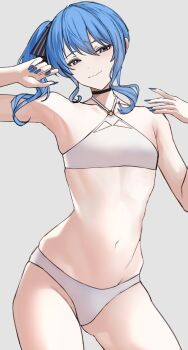 1girl absurdres alternate_costume bikini black_choker blue_eyes blue_hair blue_nails blue_ribbon choker closed_mouth double-parted_bangs flat_chest hair_between_eyes hair_ribbon highres hololive hoshimachi_suisei medium_hair nail_polish navel o-ring o-ring_top ribbon si_farid side_ponytail sidelocks smile solo star_(symbol) star_in_eye stomach swimsuit symbol_in_eye virtual_youtuber white_bikini