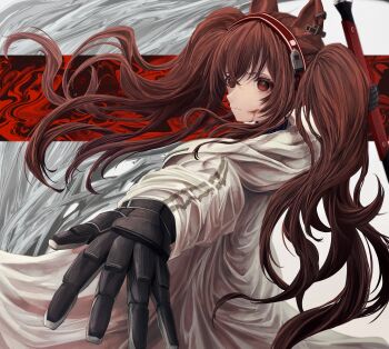 Rule 34 | 1girl, absurdres, angelina (arknights), animal ears, arknights, black collar, black gloves, blood, blood on face, brown hair, coat, collar, commentary request, earpiece, expressionless, floating hair, fox ears, fox girl, gloves, hairband, highres, holding, holding staff, infection monitor (arknights), injury, long hair, long sleeves, looking at viewer, multicolored hairband, red eyes, red hairband, shousake, solo, staff, striped clothes, striped hairband, twintails, two-tone hairband, upper body, white coat