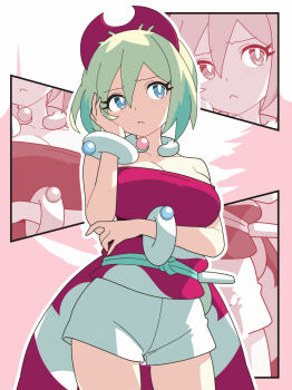 1girl blonde_hair blue_eyes bracelet breasts closed_mouth eyelashes frown hair_between_eyes hairband head_rest highres irida_(pokemon) jewelry kanbei_(pixiv11037490) large_breasts looking_at_viewer neck_ring nintendo pokemon pokemon_legends:_arceus red_hairband red_shirt sash shirt short_hair shorts strapless strapless_shirt waist_cape white_shorts