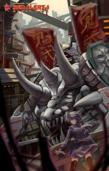 1girl absurdres aircctzillie black_thighhighs blurry blurry_foreground command_&amp;_conquer command_&amp;_conquer:_red_alert command_&amp;_conquer:_red_alert_3 copyright_name day flag grey_hair highres long_sleeves mecha outdoors purple_eyes robot skirt solo standing thighhighs