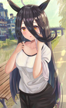 Rule 34 | 1girl, ahoge, animal ears, bench, black hair, black shorts, blush, breasts, collarbone, commentary request, ear tag, earrings, gym shirt, hair between eyes, highres, holding, holding towel, horse ears, horse girl, jewelry, long bangs, long hair, long hair between eyes, looking at viewer, manhattan cafe (umamusume), medium breasts, multicolored hair, outdoors, parted lips, shirt, short sleeves, shorts, single earring, sky, solo, thurumu, towel, umamusume, very long hair, white hair, white shirt, yellow eyes