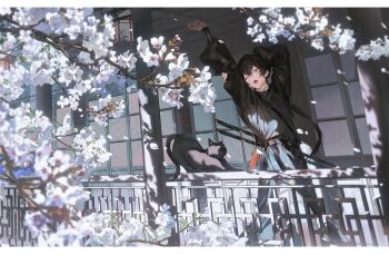 1boy animal architecture arms_up black_cat black_hair black_hanfu blurry branch cat cherry_blossoms chinese_clothes east_asian_architecture falling_petals flower hair_between_eyes hanfu highres long_sleeves male_focus one_eye_closed open_mouth original petals sheath short_hair sliding_doors solo stretching sword walking weapon white_flower xiaojiaju yawning