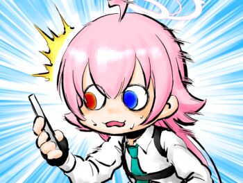 Rule 34 | 1girl, :3, ^^^, ahoge, blue archive, blue background, blue eyes, chest harness, choufu shimin, emphasis lines, fingerless gloves, frown, gloves, hair flaps, halo, hand up, harness, holding, holding phone, hoshino (blue archive), long hair, long sleeves, looking at phone, lowres, nervous sweating, open mouth, phone, pink hair, red eyes, shirt, solo, surprised, sweat, upper body, white shirt, wide-eyed