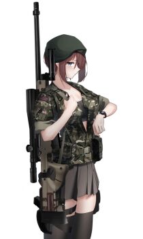 1girl absurdres accuracy_international ai_arctic_warfare beret bipod black_sports_bra blue_eyes blush bolt_action breasts brown_hair brown_skirt brown_thighhighs buckle camouflage camouflage_shirt closed_mouth collarbone commentary commission english_commentary flag_patch from_side glock gun gun_sling handgun hat highres holster l115a3 load_bearing_equipment medium_breasts military military_combat_uniform military_uniform open_clothes original pixiv_commission pleated_skirt pouch rifle royal_marines rynn_(rynn_cube) school_uniform scope shirt short_hair sidelocks simple_background skindentation skirt sleeves_rolled_up snap-fit_buckle sniper_rifle solo sports_bra standing tactical_clothes tactical_school_uniform thigh_holster thighhighs union_jack unit_patch upper_body watch weapon white_background