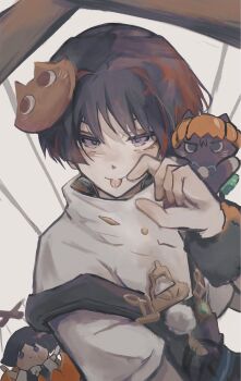 1boy animal animal_on_shoulder animalization aqua_gemstone bags_under_eyes black_cat black_hair black_overalls blunt_ends casual cat cat_hair_ornament cat_on_shoulder character_doll contemporary doll feathers fingernails gem genshin_impact grey_background hair_ornament halloween_costume hand_up highres looking_at_viewer male_focus marionette_controller multicolored_hair official_alternate_costume overalls person_and_animalization pom_pom_(clothes) purple_eyes red_hair sanpaku scaramouche_(cat)_(genshin_impact) scaramouche_(genshin_impact) shirt sketch solo streaked_hair tongue tongue_out tsurime wanderer_(genshin_impact) white_shirt wispy_bangs yellow_feathers zattasyanko