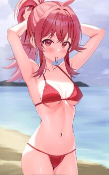 Rule 34 | 1girl, absurdres, adjusting hair, ahoge, armpits, arms behind head, arms up, beach, bikini, blush, breasts, collarbone, commentary, floris (saber13), hair tie, hair tie in mouth, highres, idolmaster, idolmaster shiny colors, komiya kaho, looking at viewer, medium breasts, mouth hold, navel, outdoors, ponytail, red bikini, solo, stomach, string bikini, swimsuit, thong bikini, tying hair, underboob